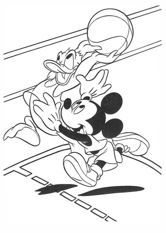 Donald And Mickey Are Playing Baskteball Coloring Page